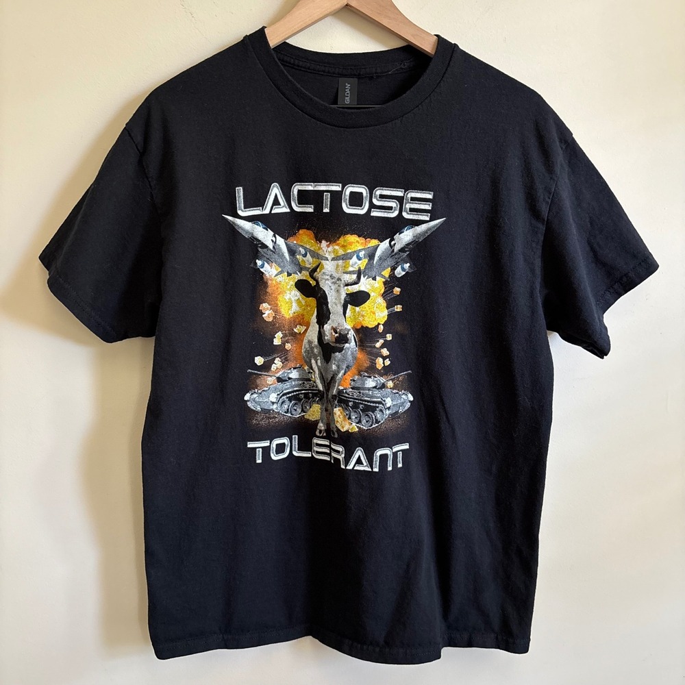 Gildan Lactose Tolerant Cow Graphic T-Shirt Black Large Humorous Military Parody